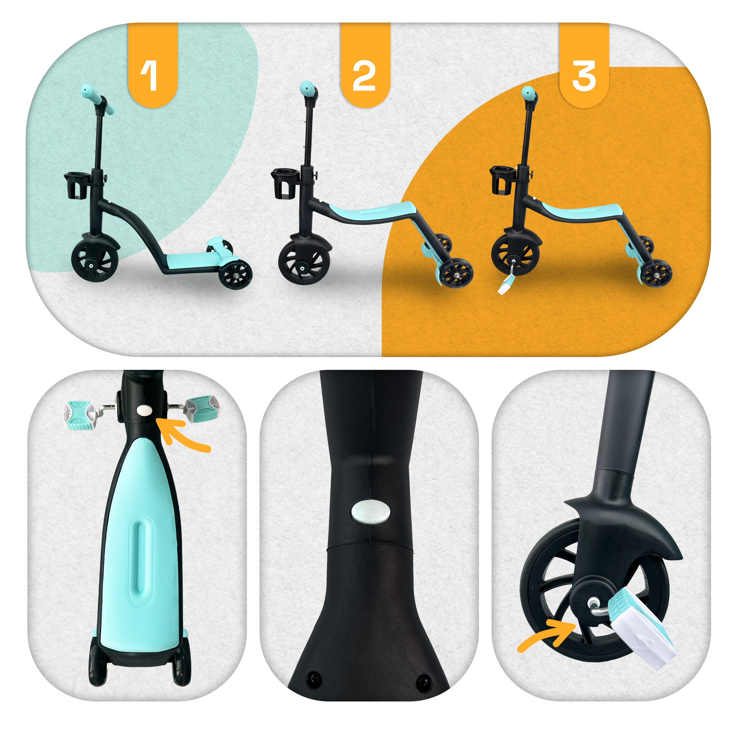 3 in 1 PLAYIO Scooter with LED Light-Up Wheels - Ride-On, Balance Bike and Scooter in One