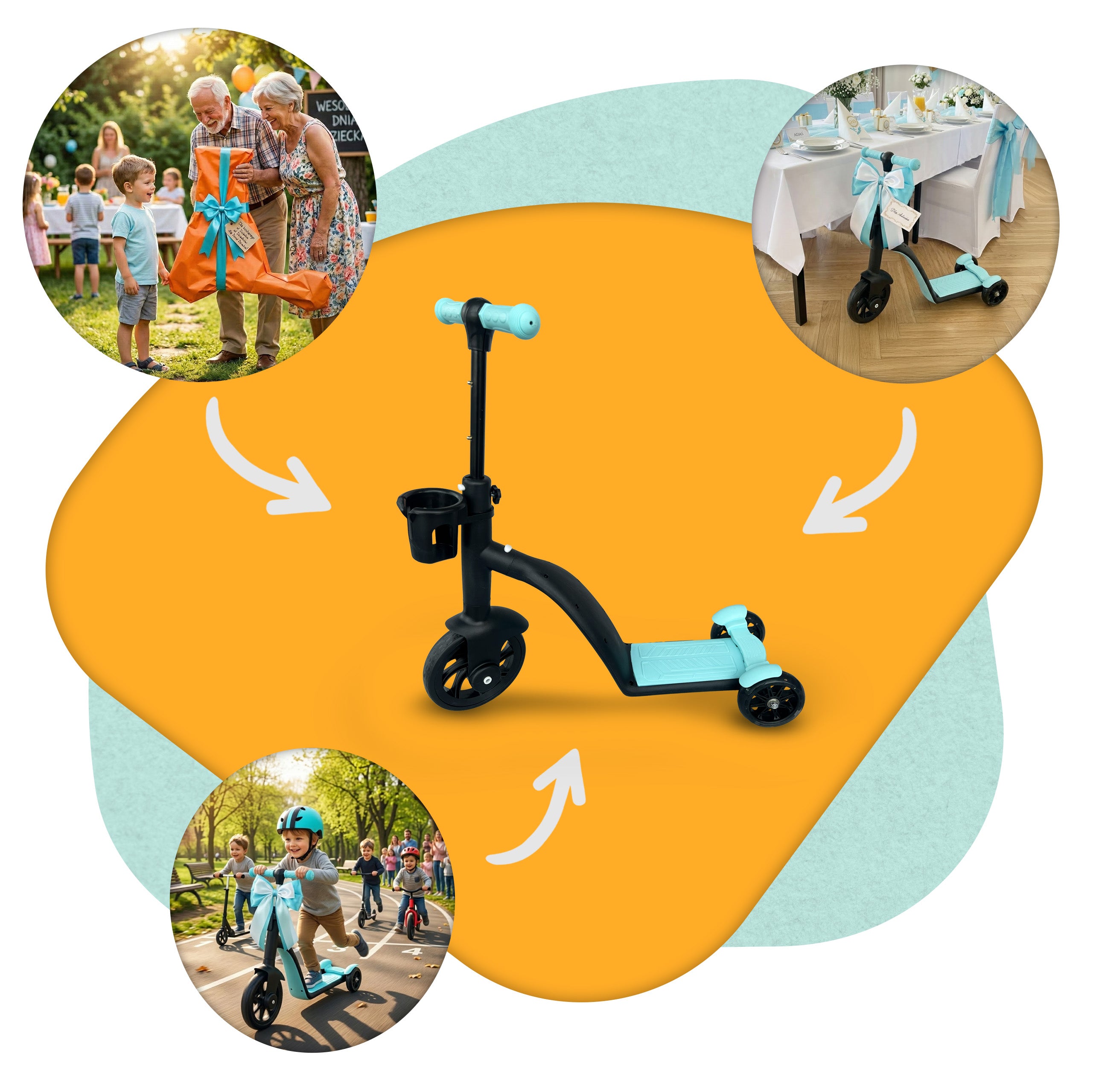 3 in 1 PLAYIO Scooter with LED Light-Up Wheels - Ride-On, Balance Bike and Scooter in One